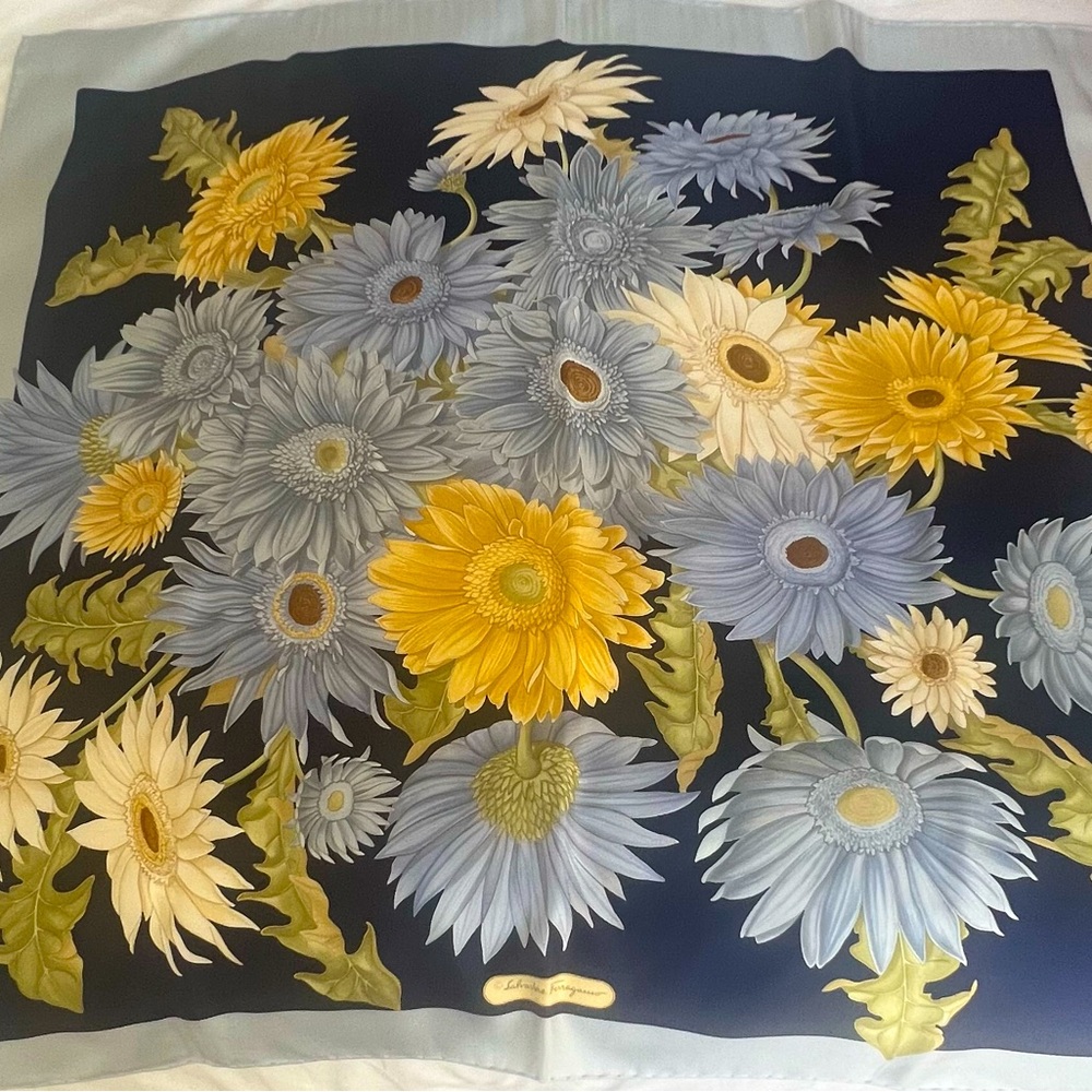 Salvatore Ferragamo silk blue floral scarf.